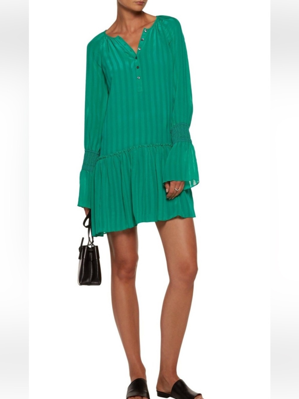 Derek Lam Emerald Green Drop Waist Long-Sleeve Silk Chiffon Mini Dress
